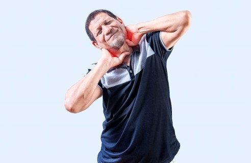 Elderly person suffering with neck pain isolated. Mature man with neck tension isolated. Neck pain