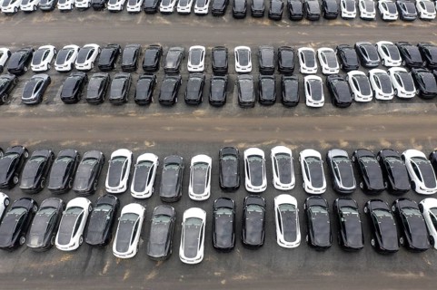 Aerial view of Tesla Y models produced in the Tesla Giga Factory, Grünheide, 28 01 2023