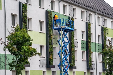 Installation of façade greenery on 4 apartment blocks on Gladbecker Straße, B224, to filter
