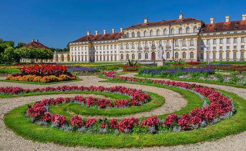 Garden parterre with flowerbeds in front of the New Palace in the Schleissheim Palace complex,