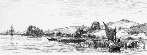 The Oder with Stettin or Szczecin, on the horizon, Poland, river, reed bank, barge, sail, hilly