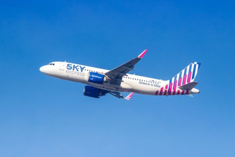 An Airbus A320neo aircraft of SKY Express with the registration SX-CRE at the airport in Munich,