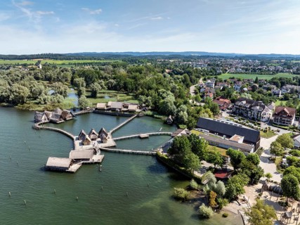 Aerial view of the pile dwellings, Lake Dwelling Museum, Open Air Museum Unteruhldingen,
