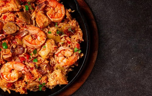 Jambalaya, Creole dish, American pilaf, rice with chicken and shrimp, vegetables, homemade, no