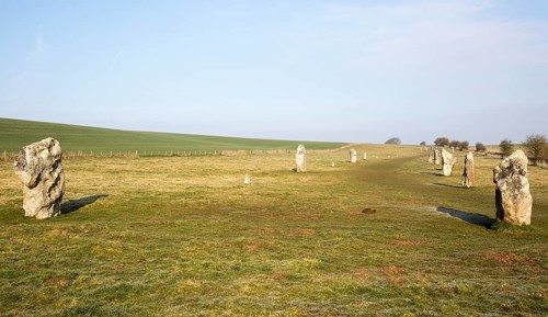Lines of standing sarsen stones form the Avenue, Avebury World Heritage site, Wiltshire, England,