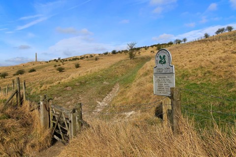 Cherhill Down Oldbury castle, National Trust sign, North Wessex Downs, Wiltshire, England, UK