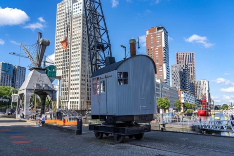 The Maritime Museum, outdoor area in the Leuvehaven, in Rotterdam, many old ships, boats, exhibits