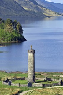 The Glenfinnan Monument on the shores of Loch Shiel, erected in 1815 to mark the place where Prince