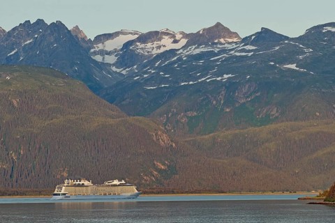 A cruise ship in front of high mountains, Inside Passage, Lynn Channel, Skagway, Alaska, USA, North