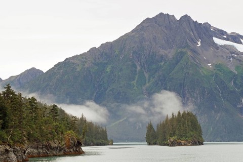 Temperate coastal rainforest, dense clouds and mountains, Valdez, Alaska, USA, North America