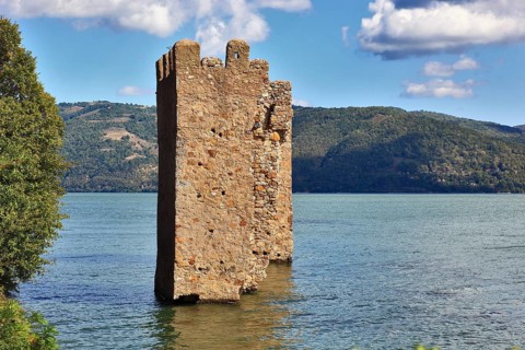 Wallachia, two towers in the Danube near Sivinita, Iron Gate nature park Park, Danube landscape,