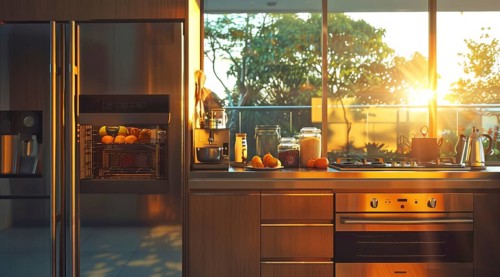 Modern kitchen with a stainless steel refrigerator and oven. Home renovation and upgrades, AI