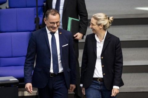 Tino Chrupalla, AfD, and Alice Weidel, AfD parliamentary group leader, arrive together in the