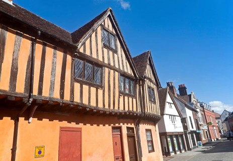 Half timbered medieval historic buildings on Silent Street, Ipswich, Suffolk, England, UK