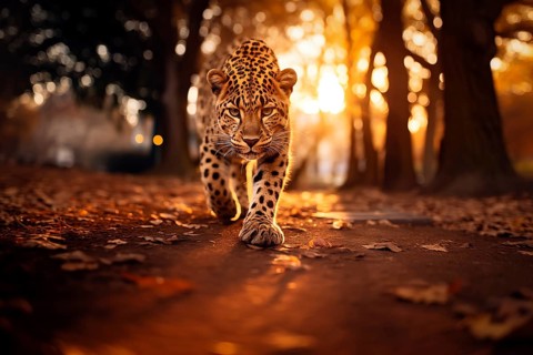 Baby leopard walking with confidence during the golden hour, showcasing its spotted fur and
