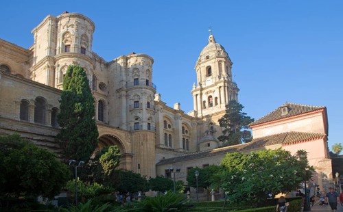 Bell tower Baroque architecture exterior of the cathedral church of Malaga city, Spain, Santa