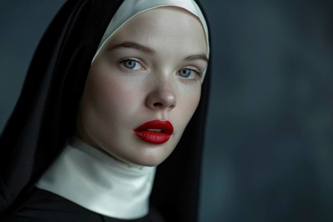 Face of young woman with red lipstick and christian nun habit with veil. Generative Ai, AI