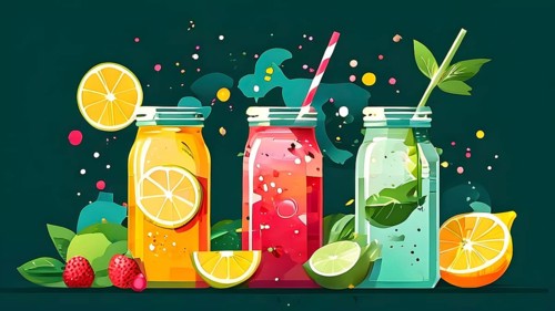 Abstract wallpaper of smoothie surrounded by an assortment of fruits and vegetables, AI generated