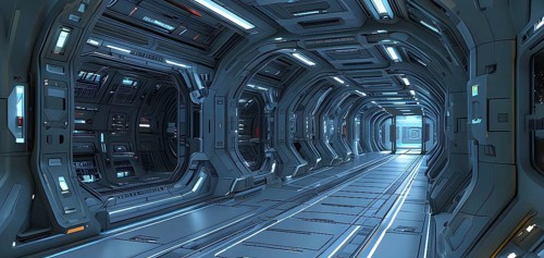 Three dimensional render of futuristic corridor inside a spaceship or space station, AI generated