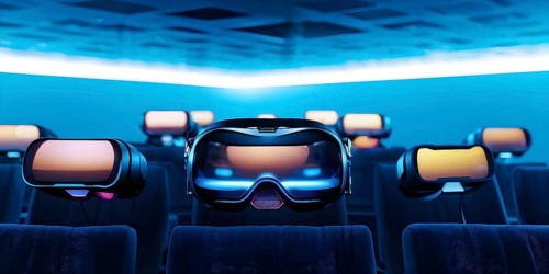 Three dimensional render of virtual reality glasses in a digital room, AI generated