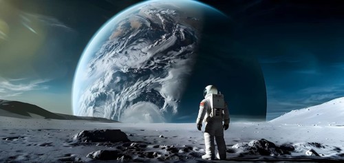 An astronaut stands on a lunar-like surface gazing at an immense planet rising, AI generated