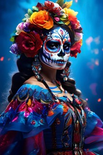 Woman in an extravagant dia de los muertos costume and a vibrant face makeup, AI generated