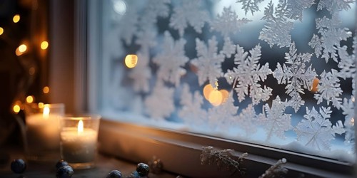 Snow-covered window with frost patterns, candlelight softly glowing through the glass, and warm,