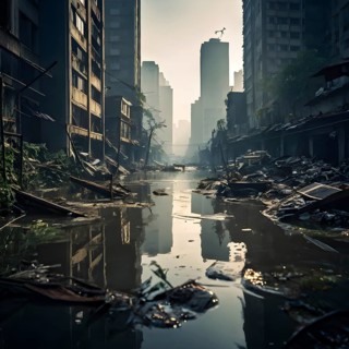 Flooded cityscape reflecting on murky waters, AI generated