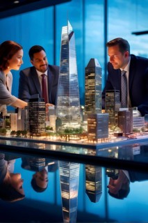 Business professionals engaged with a scale model of a modern skyscraper, AI generated