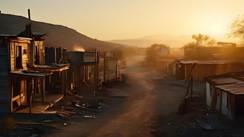 Deserted mining town nature reclaiming architecture, AI generated