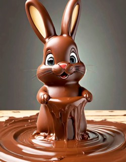 Cute funny little chocolate Easter bunny bathing in melting chocolate, AI generated, AI generated