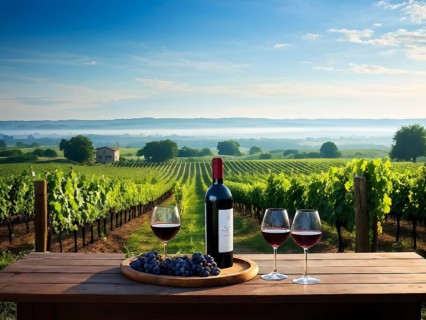 AI generated wine tasting table setup with wine and grapes nestled subtly amidst a thriving