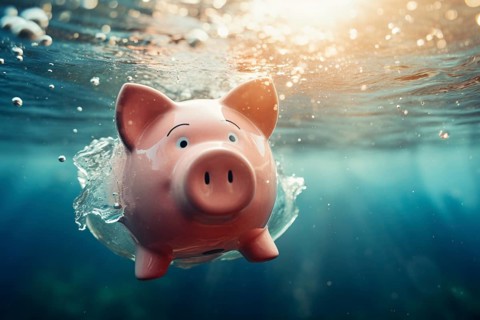 Piggy bank drowning in water. Concept for lost savings or economy recession. KI generiert,