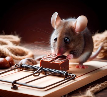 Pest, A mouse sits in front of a mousetrap with chocolate, AI generated, AI generated