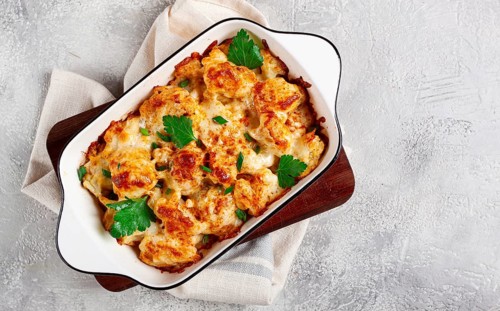 Baked cauliflower, in cream sauce, with cheese and spices, homemade, no people