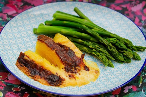 South German cuisine, green asparagus with potato gratin, plate, vegetables, healthy, savoury, food