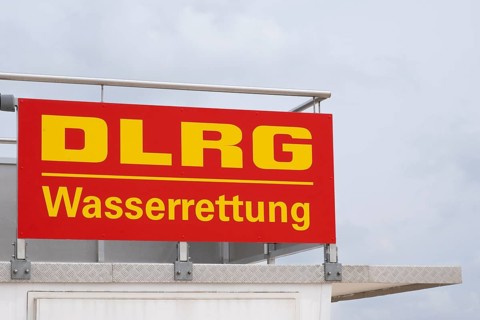 DLRG water rescue sign, Wyk, Föhr, North Sea island, North Frisia, Schleswig-Holstein, Germany,
