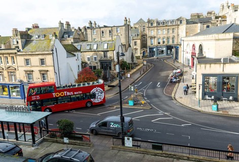 Open top double decker tour bus, Walcot Street, Bath, Somerset, England, UK