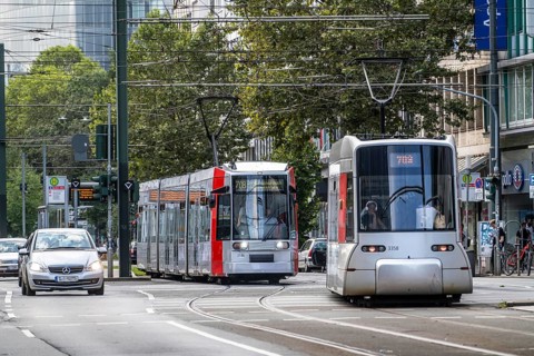 Local transport, Rheinbahn trams, on Graf-Adolf-Straße, North Rhine-Westphalia, Germany, Europe