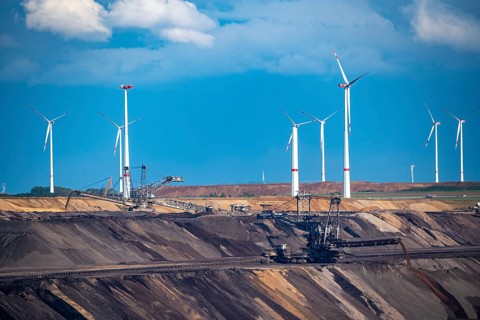 Lignite opencast mine Garzweiler II, excavator filling up the pit at the eastern edge of the