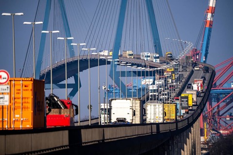 Traffic on the Köhlbrand Bridge in the port of Hamburg, spans the 325 m wide Köhlbrand, an arm of