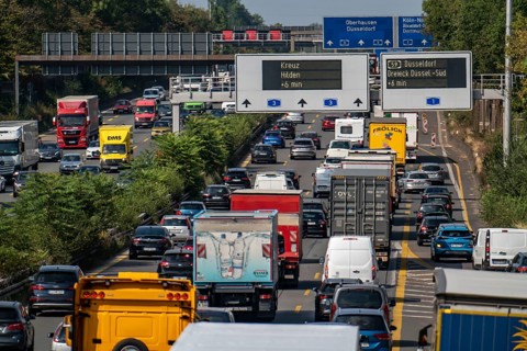 Traffic jam on the A3 motorway, over 8 lanes, in both directions, in front of the Leverkusen