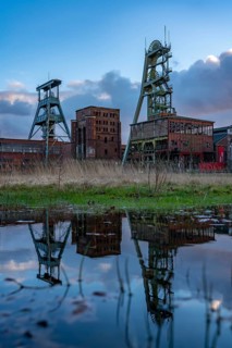 Former RAG Ewald colliery, headframes, shaft 7, left and shaft 2, right, in Herten, North