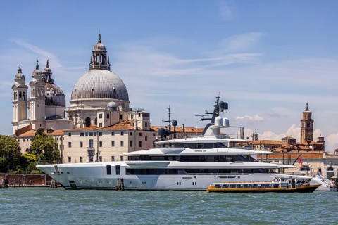Exclusive private yachts moored on the Canale della Giudecca off Venice, Venice, Italy, Europe