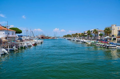 Coastal town with colourful houses and palm trees, boats in the water, on a sunny day, summer, Le