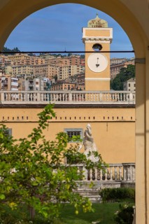 Clock tower of the Villa del Principe, Palazzo di Andrea Doria, Piazza dei Principe, Genoa. Italy