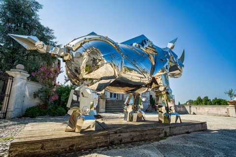 King Kong Rhino, steel sculpture, Palazzo Sturm, Bassano del Grappa, Veneto, Italy, Europe