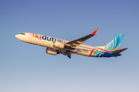 A Boeing 737 MAX 8 aircraft of FlyDubai with the registration A6-FKE at the airport in Dubai,