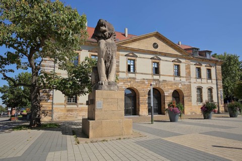 German Gate with monument and lion figure, fortress at Untertorplatz, Landau in der Pfalz,
