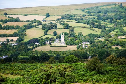 Saint Pancras church and the village of Widecombe-in-the-Moor, Dartmoor national park, Devon,